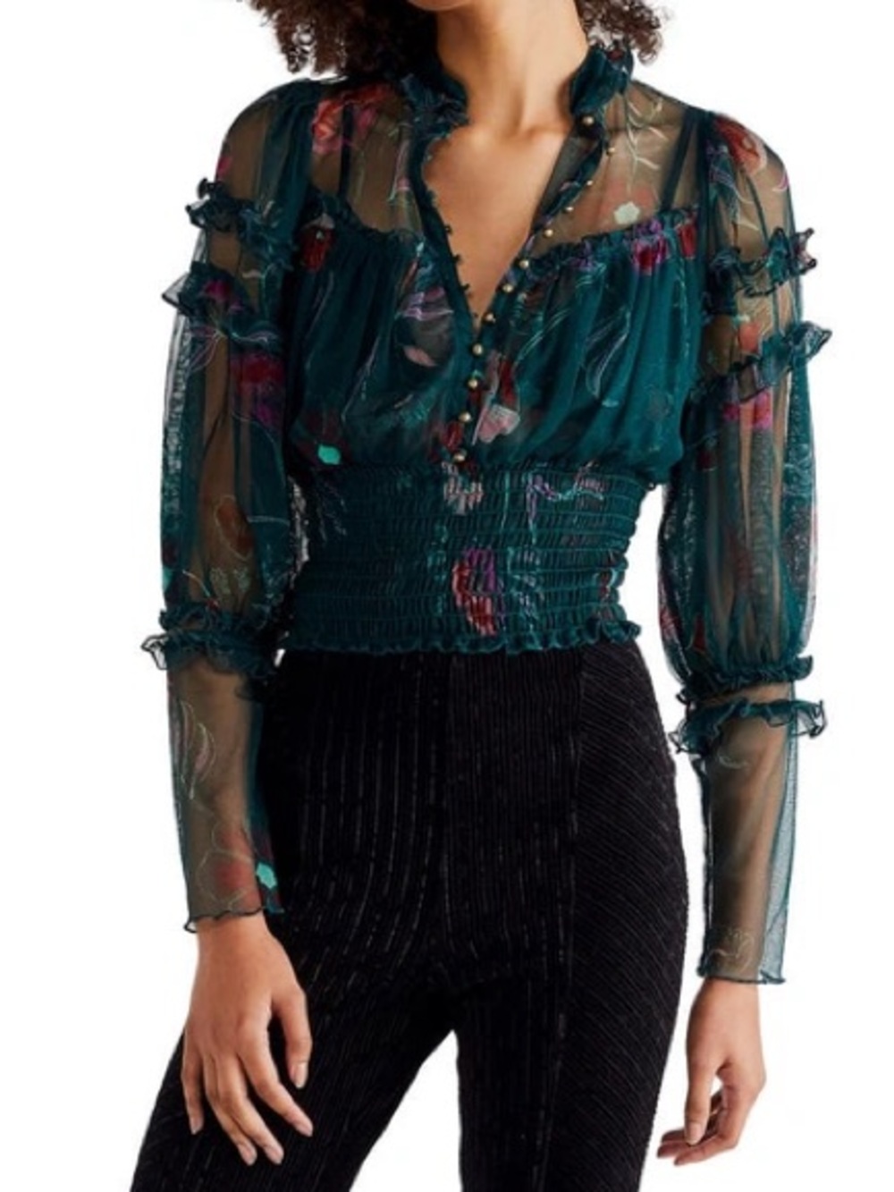 Free People Time For Shine Smocked Mesh Top
